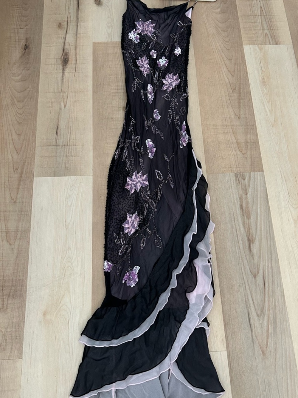 Elegant Vintage Silk Black Beaded Floral Evening Skirt with Pink Accents